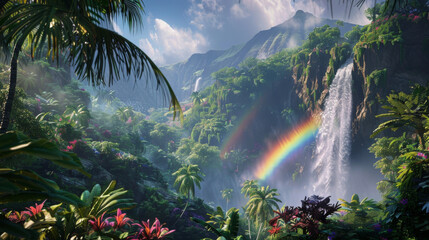 Stunning digital illustration of a tropical rainforest waterfall with a vibrant rainbow cutting across lush green vegetation.