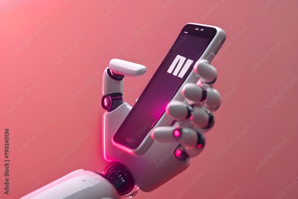 Poster Robot hand holding a smartphone displaying AI technology interface. Concept of artificial intelligence and future communication for design and web.