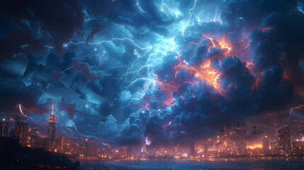 Fototapeta premium Lightning striking a tall building in a bustling city during a severe thunderstorm, captured with a long exposure to show the energy and power of the storm