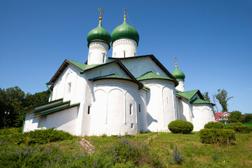 The medieval church of the Epiphany of the Lord from Zapskovye (1495) close-up on a sunny July day. Pskov, Russia