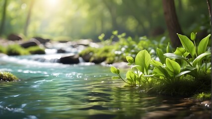 Obraz na płótnie Canvas A photorealistic image capturing a beautiful spring scene with a detailed close-up of a stream of fresh water. The composition includes young green plants surrounding the stream, creating a vibrant a