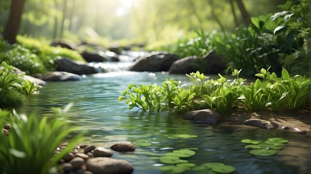  A photorealistic image capturing a beautiful spring scene with a detailed close-up of a stream of fresh water. The composition includes young green plants surrounding the stream, creating a vibrant a