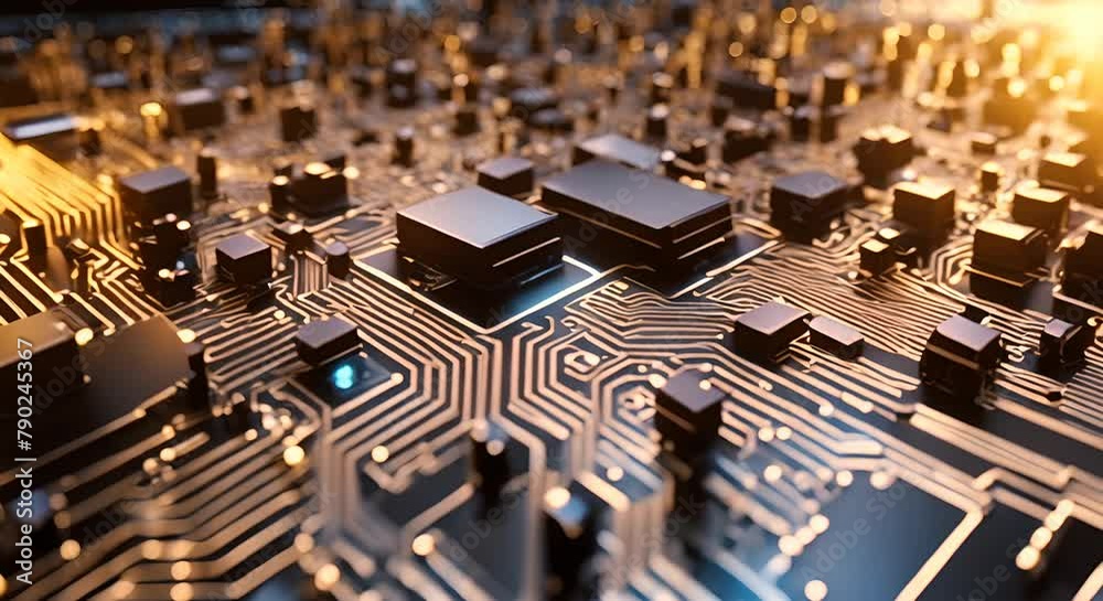 Poster Close-up of an electronic circuit board with microchips and processors. Concept of technology and computer hardware design 