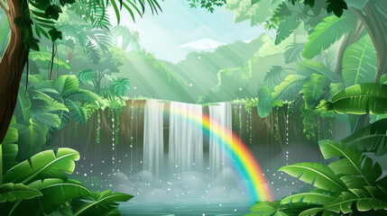 An enchanting animated scene portraying a peaceful waterfall and rainbow in a dense rainforest setting, with rays of sunlight.