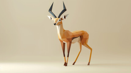 Digital art of a geometric polygonal gazelle standing gracefully, rendered on a neutral background with a minimalist style.