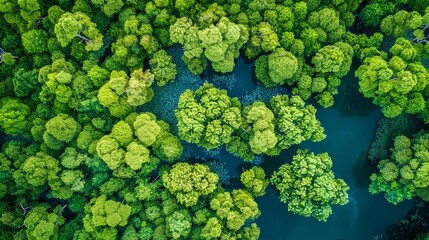 Top-down view of verdant mangrove forests intersected by water channels, illustrating conservation and the concept of ecological balance - obrazy, fototapety, plakaty