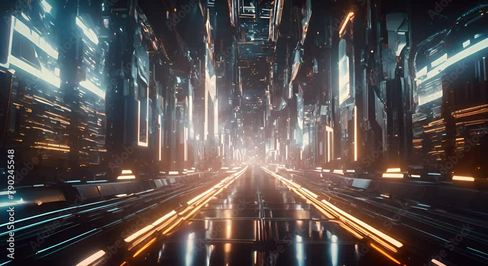 Poster Futuristic cityscape corridor with illuminated lines and dynamic perspective. Sci-fi architecture concept for wallpaper and game background.