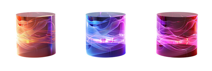 set of different holographic cylinders, each displaying dynamic light effects, isolated on transparent background