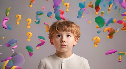 Curious boy with questioning expression surrounded by floating colorful question marks. Child's curiosity and learning concept