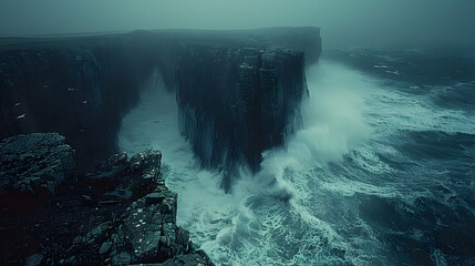 Rocky coastal cliffs battered by fierce waves, spray rising high into the air, captured during a...