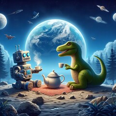 A whimsical scene of a robot and a dinosaur having a tea party on the moon, with a backdrop of the Earth rising over the horizon
