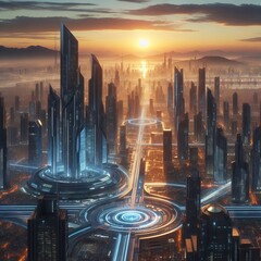Futuristic dawn: A high-definition, cinematic panorama of a futuristic metropolis awakening at dawn, with the early light casting long shadows and illuminating the advanced architectural marvels
