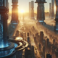 Futuristic dawn: A high-definition, cinematic panorama of a futuristic metropolis awakening at dawn, with the early light casting long shadows and illuminating the advanced architectural marvels
