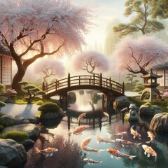 A tranquil Zen garden with cherry blossom trees, a small bridge, and koi fish swimming in a pond
