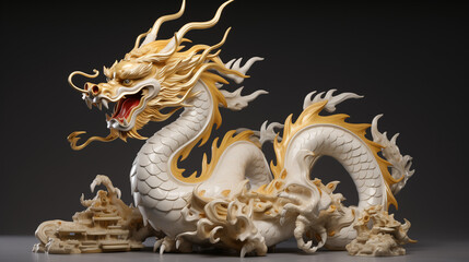  Gliding effortlessly through a sea of white, a Chinese golden dragon exudes an air of tranquility and grace 