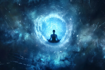 A person meditating in the center of an abstract background with glowing stars and galaxies