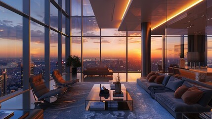A modern penthouse perched atop a skyscraper, with floor-to-ceiling windows that frame breathtaking city views and sleek contemporary interiors that exude sophistication and style, - obrazy, fototapety, plakaty