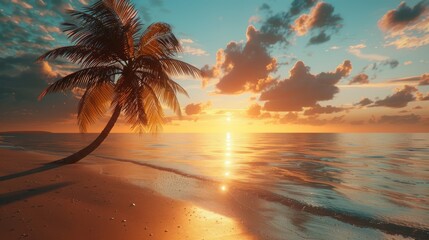 Golden sunset on a tranquil beach, with a lone palm tree and reflective ocean waters..