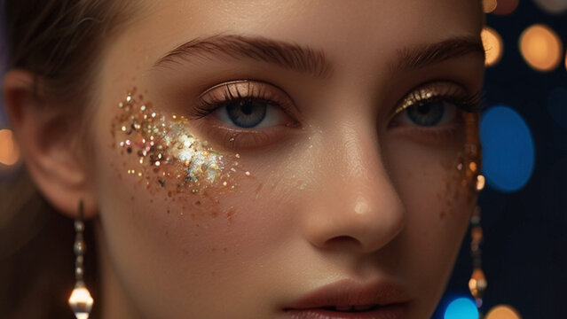 Gorgeous young female model with colorful glitter party makeup look