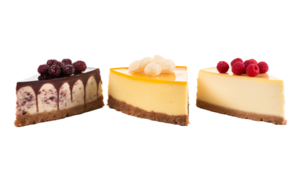 Three different flavour cheese cake slices on an isolated background