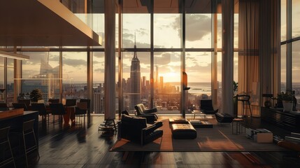 A modern penthouse perched atop a skyscraper, with floor-to-ceiling windows that frame breathtaking...