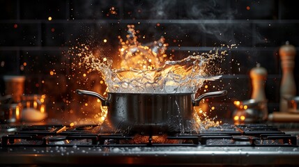 Kitchen Mishap: Pot Boiling Over on Stovetop - obrazy, fototapety, plakaty