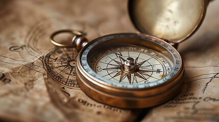 A vintage brass compass sits on top of an old map.