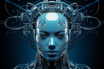 Futuristic android head, sleek, exposed wires, integrated nodes—a marvel blending human and tech in perfect convergence.