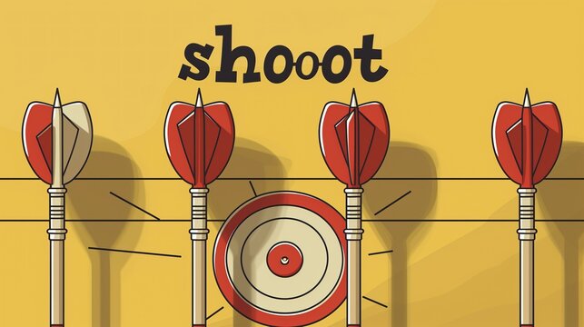 A yellow background with a red dartboard in the center and four darts sticking out of the top of the board. The word "shoot" is written in black text above the dartboard.