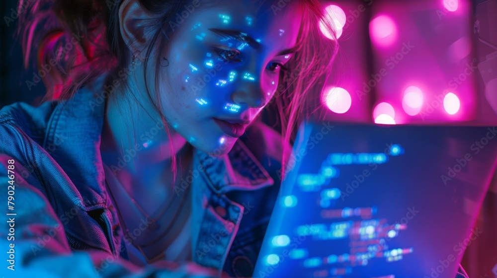 Wall mural Woman Coding in Neon Lights