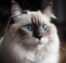 Ragdoll fluffy cat with blue eyes and cute face, portrait photography.