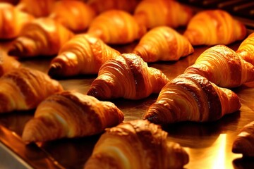 Closeup of freshly baked croissants on an oven tray, with golden brown crusts and flaky layers visible in the warm light of a commercial bakery. Delicious pastries concept.