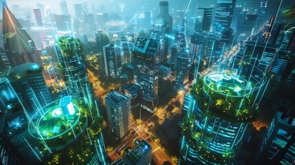 photorealistic eagle view photography of a smart city with plants and clean energy