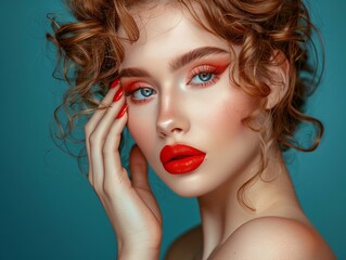 Fototapeta premium A strikingly beautiful girl with an unconventional hairstyle, vibrant makeup highlighting red lips, and intricate manicure design. Her captivating beauty is captured in this studio portrait. 