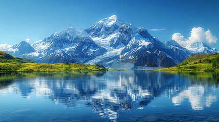 Breathtaking panoramic landscape featuring a calm lake mirroring the grandeur of snow-capped mountains amidst lush greenery, concept of adventure and exploration - obrazy, fototapety, plakaty