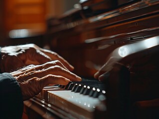 Close-up of a musician's hands gracefully playing a professional piano, capturing the essence of music composition - obrazy, fototapety, plakaty