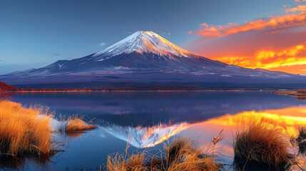 The first light of sunrise illuminating the peak of a snow-capped mountain, casting a golden glow...
