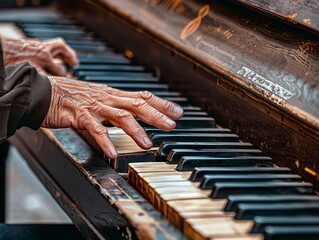 Close-up of a musician's hands gracefully playing a professional piano, capturing the essence of music composition