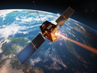 A satellite is flying through space and is about to crash into the Earth. The satellite is surrounded by a bright orange light, which is the result of the satellite's engines firing