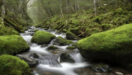 Naklejka na ściany i meble A mountain stream tumbling over moss covered rocks upscaled 9
