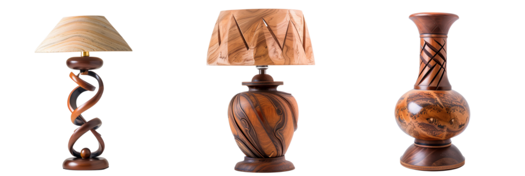 set of different wooden lamp bases, each crafted with a unique artistic flair, isolated on transparent background