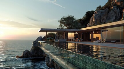 A modernist masterpiece with sweeping lines and minimalist design, set amidst rugged cliffs and...