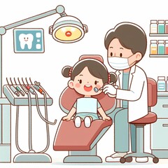 Obraz na płótnie Canvas child at the dentist, dental treatment, kind doctor, illustration 