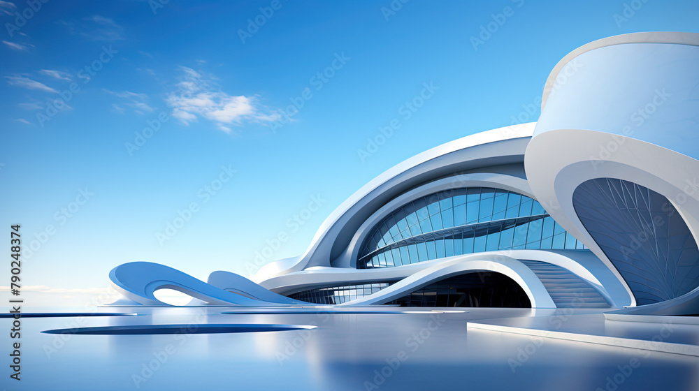 Poster Abstract architecture scene with smooth curves. Abstract background with futuristic building in white and blue colors.