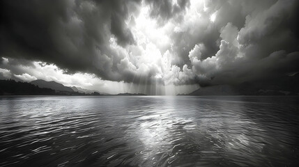 The sudden onset of a squall line over a lake, the dark clouds moving rapidly and the water churning in response - obrazy, fototapety, plakaty