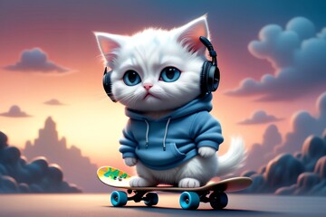 cute kitten with a skateboard and headphones - obrazy, fototapety, plakaty