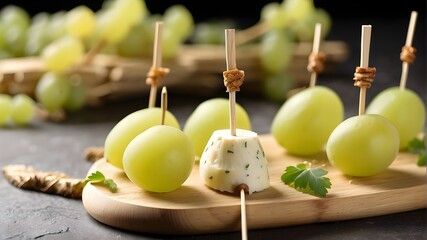 canape cheese snack skewered on bamboo with white grapes - obrazy, fototapety, plakaty
