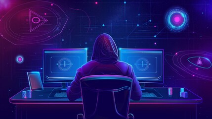 Fototapeta premium Cybersecurity concept with hacker in dark room