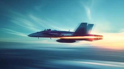 Military Fighter Jet Flying at Sunset