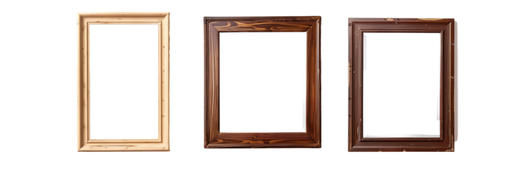 set of different wooden frame mirrors, each reflecting a distinct artistic style, isolated on transparent background